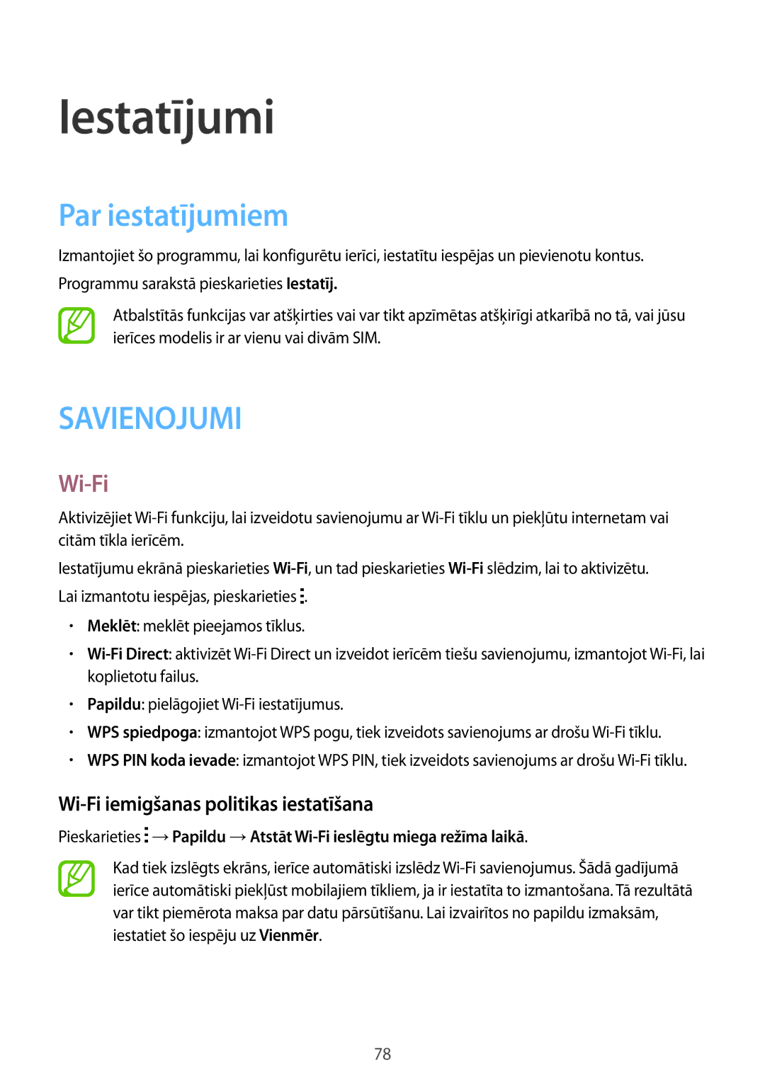 Samsung SM-J100HZWDSEB, SM-J100HZBASEB manual Iestatījumi, Par iestatījumiem, Wi-Fi iemigšanas politikas iestatīšana 