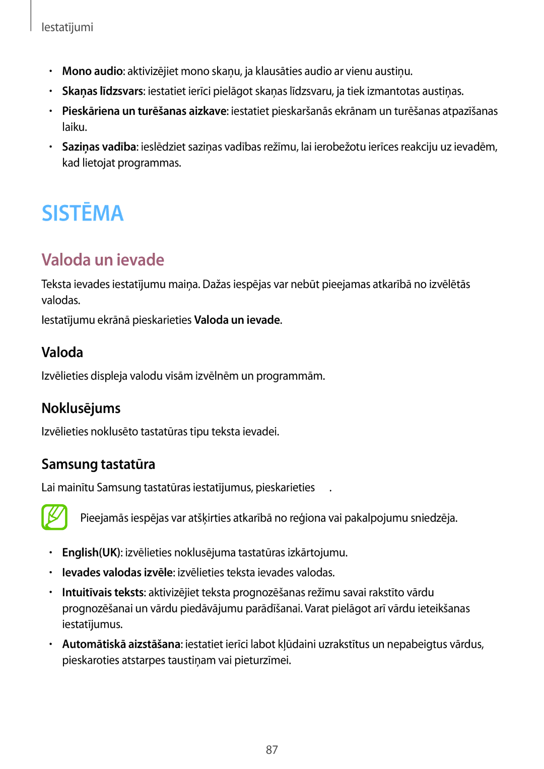 Samsung SM-J100HZKDSEB, SM-J100HZWDSEB, SM-J100HZBASEB, SM-J100HZBDSEB manual Valoda un ievade, Noklusējums, Samsung tastatūra 