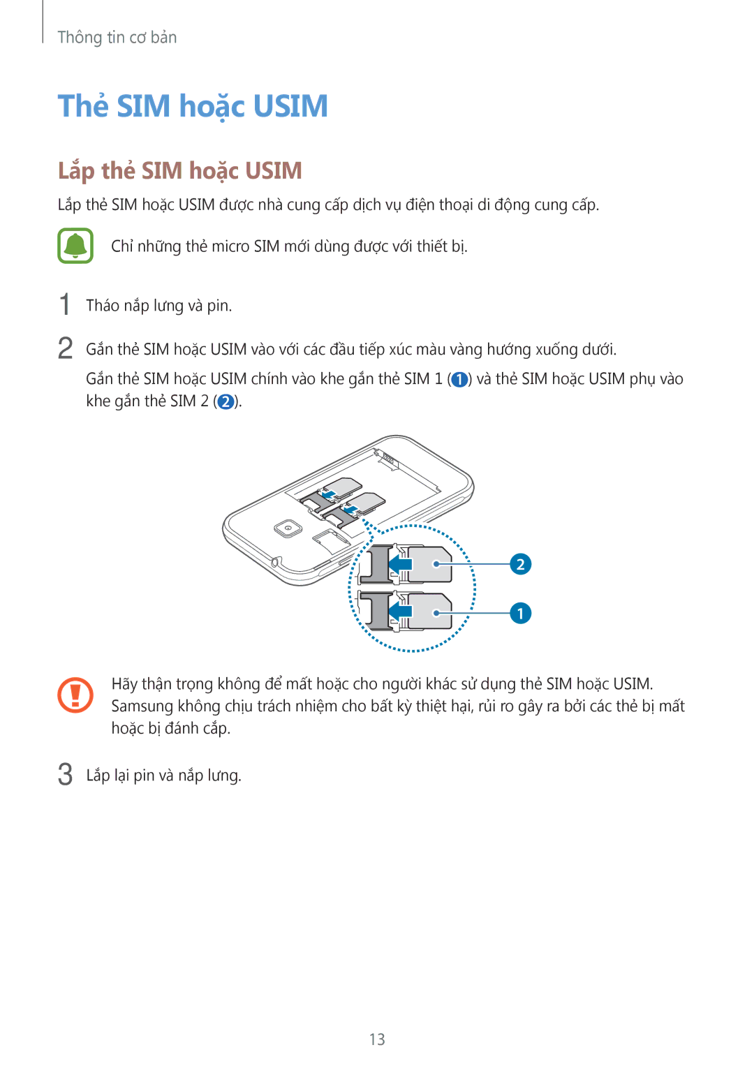 Samsung SM-J105BZDLXXV, SM-J105BZKLXXV, SM-J105BZWLXXV manual Thẻ SIM hoặc Usim, Lắp thẻ SIM hoặc Usim 