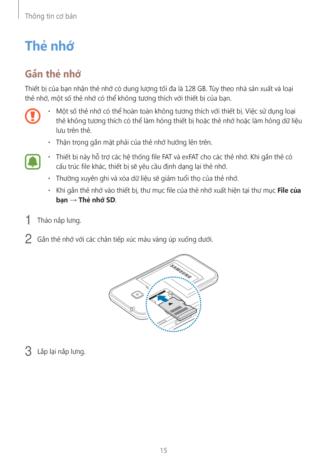 Samsung SM-J105BZKLXXV, SM-J105BZDLXXV, SM-J105BZWLXXV manual Thẻ nhớ, Gắn thẻ nhớ 