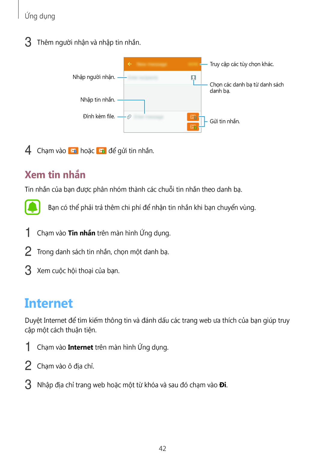 Samsung SM-J105BZKLXXV, SM-J105BZDLXXV, SM-J105BZWLXXV manual Internet, Xem tin nhắn 