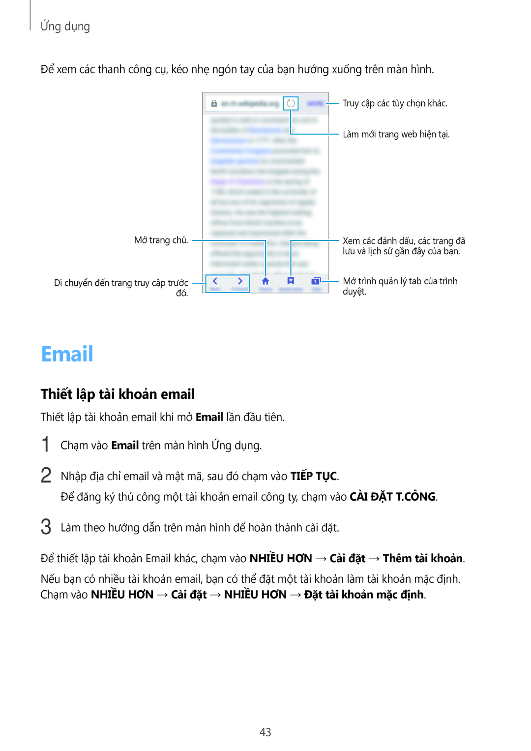 Samsung SM-J105BZDLXXV, SM-J105BZKLXXV, SM-J105BZWLXXV manual Thiết lập tà̀i khoản email, Mở trang chủ 