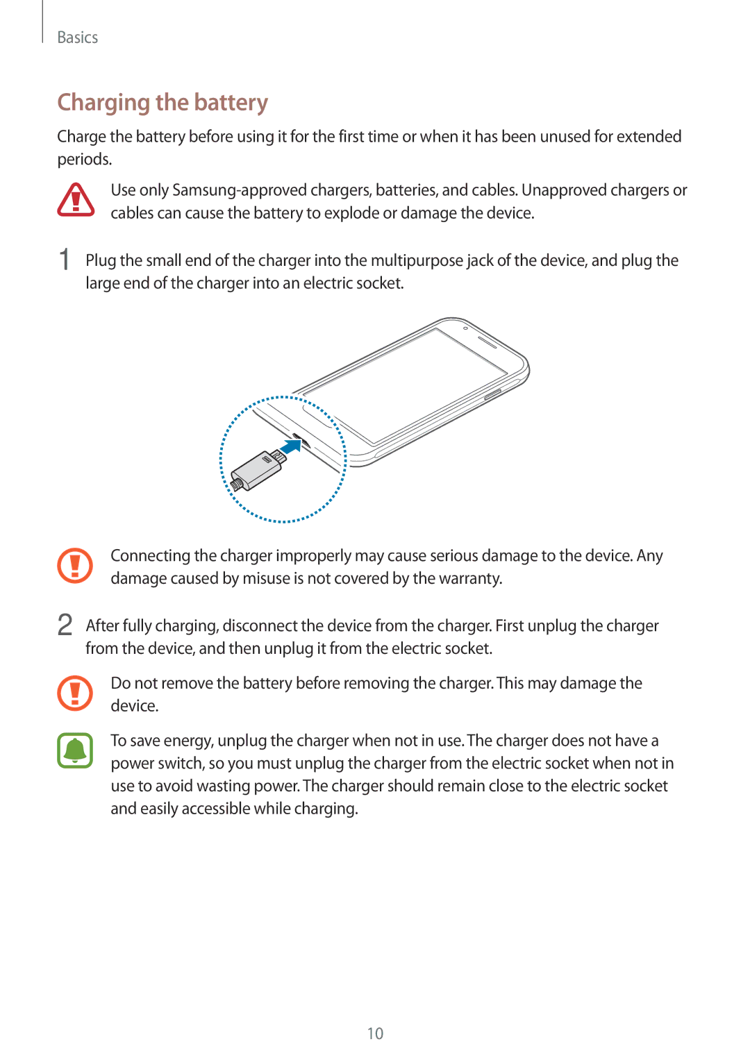 Samsung SM-J105BZDLXXV, SM-J105BZKLXXV, SM-J105BZWLXXV manual Charging the battery 