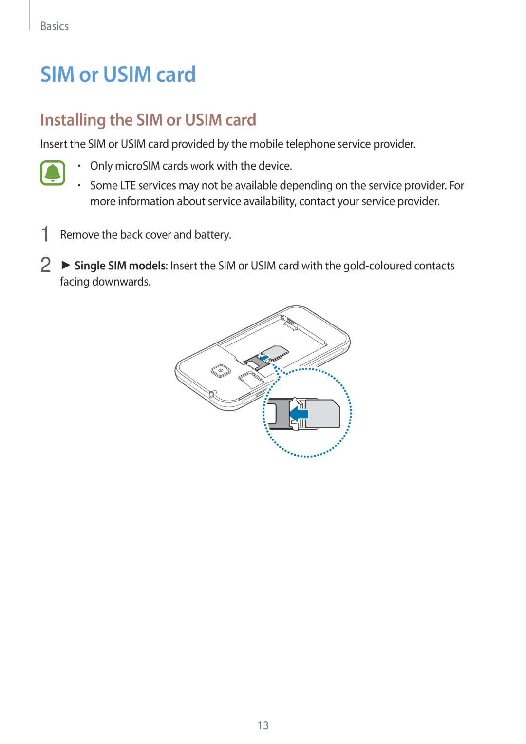 Samsung SM-J105BZDLXXV, SM-J105BZKLXXV, SM-J105BZWLXXV manual Installing the SIM or Usim card 