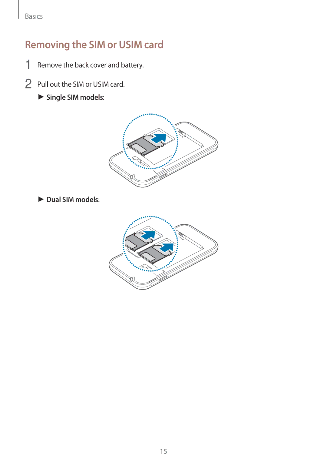 Samsung SM-J105BZKLXXV, SM-J105BZDLXXV, SM-J105BZWLXXV manual Removing the SIM or Usim card 