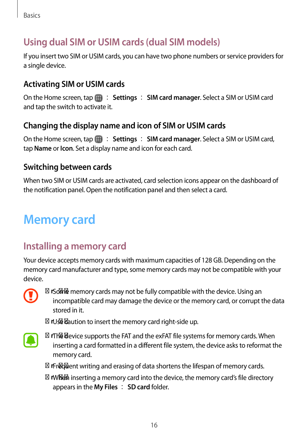 Samsung SM-J105BZDLXXV, SM-J105BZKLXXV Memory card, Using dual SIM or Usim cards dual SIM models, Installing a memory card 