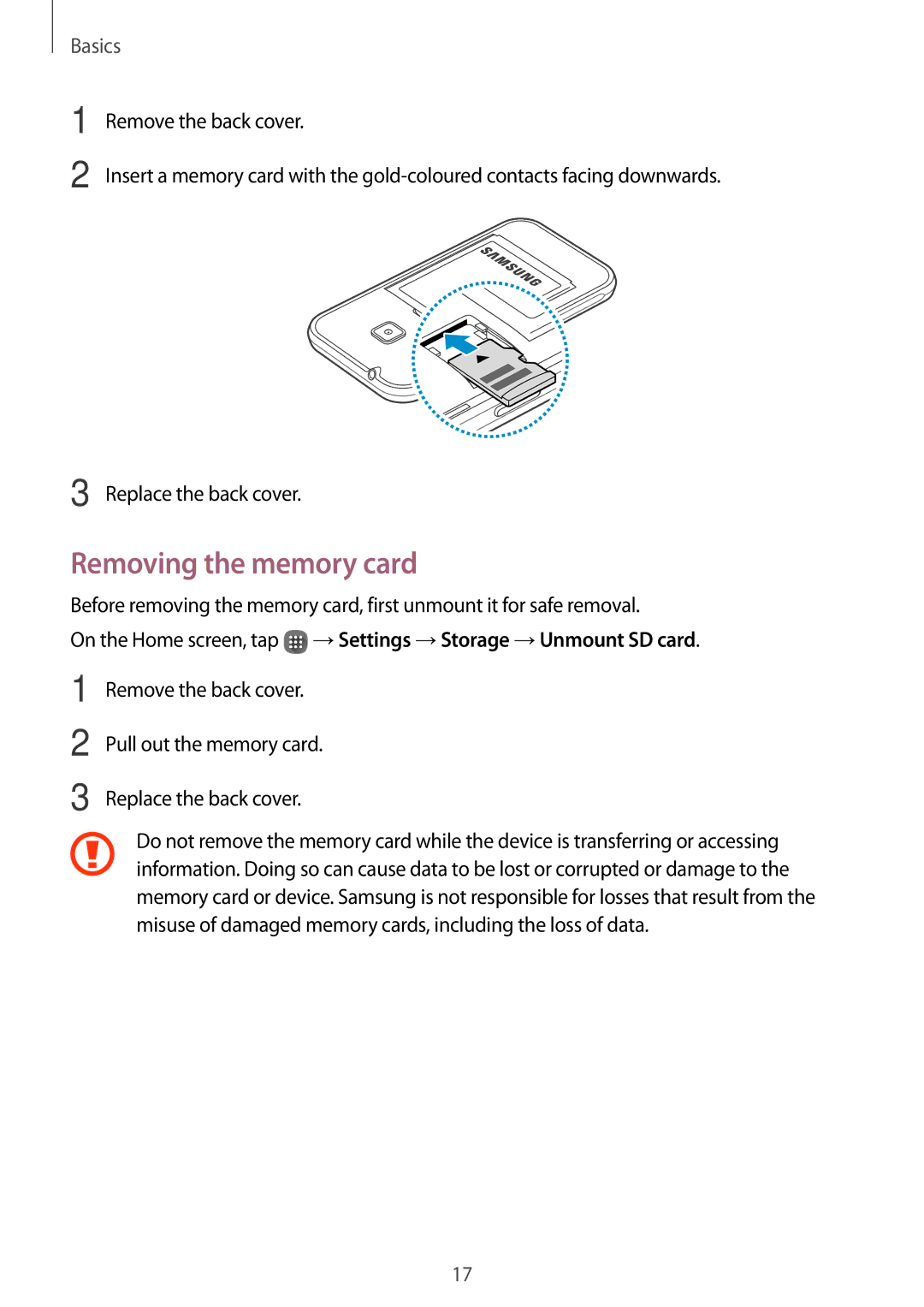 Samsung SM-J105BZWLXXV manual Removing the memory card, On the Home screen, tap →Settings →Storage →Unmount SD card 