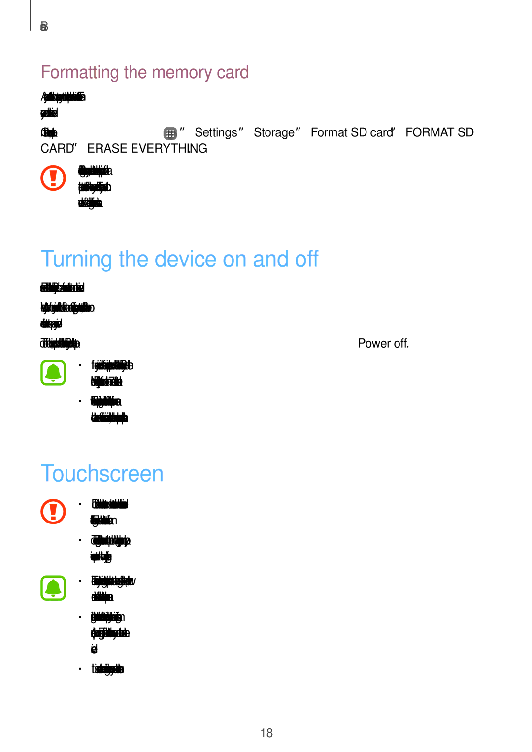 Samsung SM-J105BZKLXXV, SM-J105BZDLXXV manual Turning the device on and off, Touchscreen, Formatting the memory card 