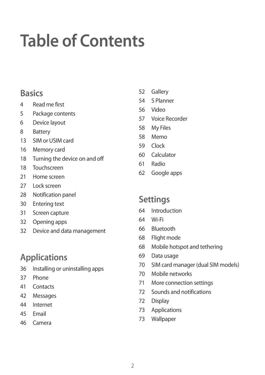 Samsung SM-J105BZWLXXV, SM-J105BZKLXXV, SM-J105BZDLXXV manual Table of Contents 