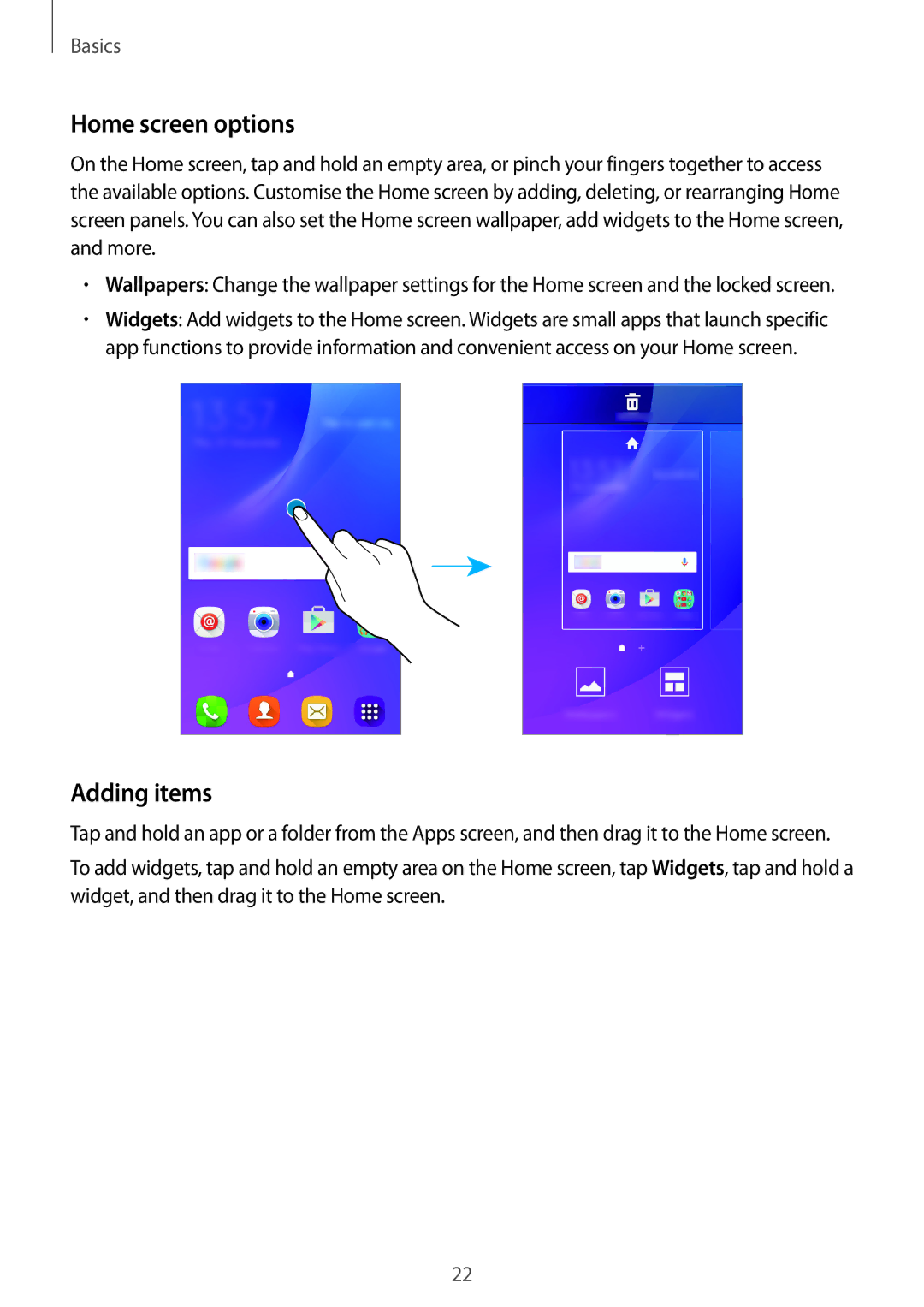 Samsung SM-J105BZDLXXV, SM-J105BZKLXXV, SM-J105BZWLXXV manual Home screen options, Adding items 