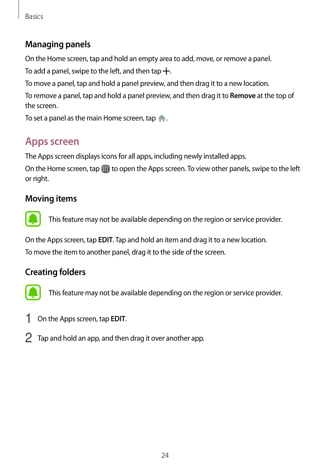 Samsung SM-J105BZKLXXV, SM-J105BZDLXXV, SM-J105BZWLXXV manual Apps screen, Managing panels, Moving items 