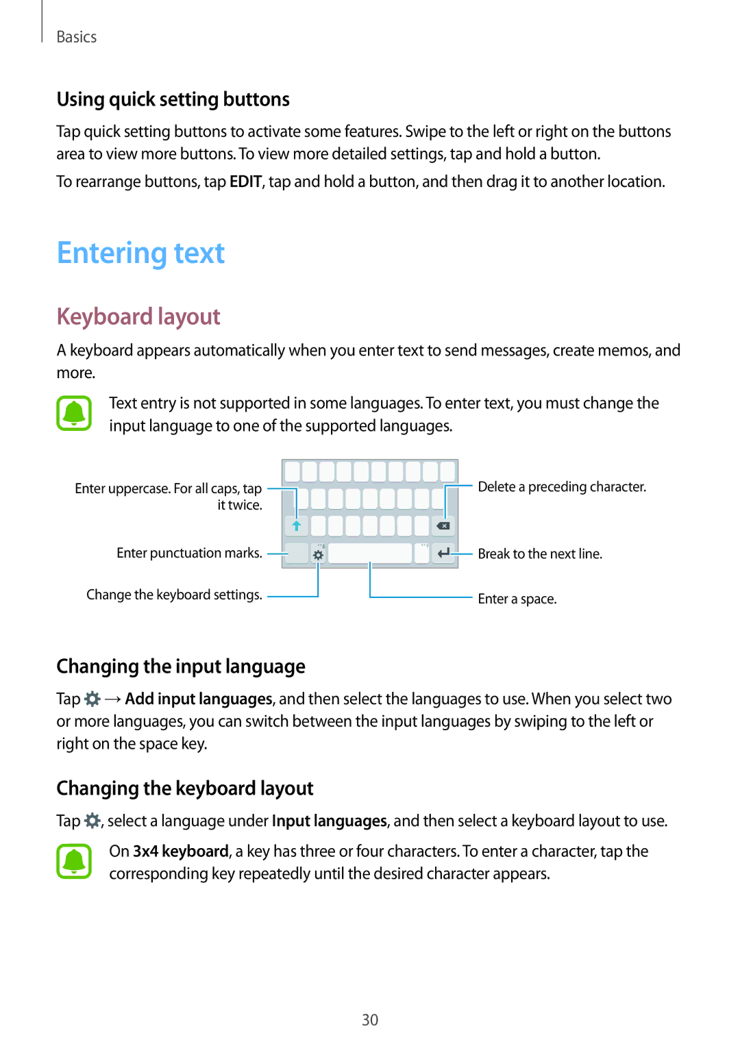 Samsung SM-J105BZKLXXV manual Entering text, Keyboard layout, Using quick setting buttons, Changing the input language 