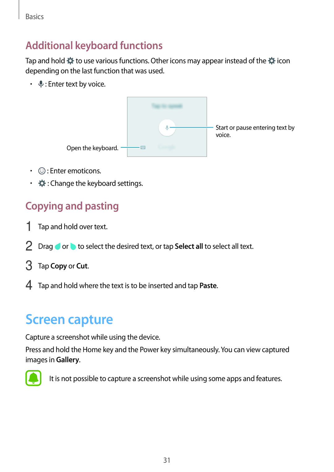 Samsung SM-J105BZDLXXV, SM-J105BZKLXXV, SM-J105BZWLXXV Screen capture, Additional keyboard functions, Copying and pasting 