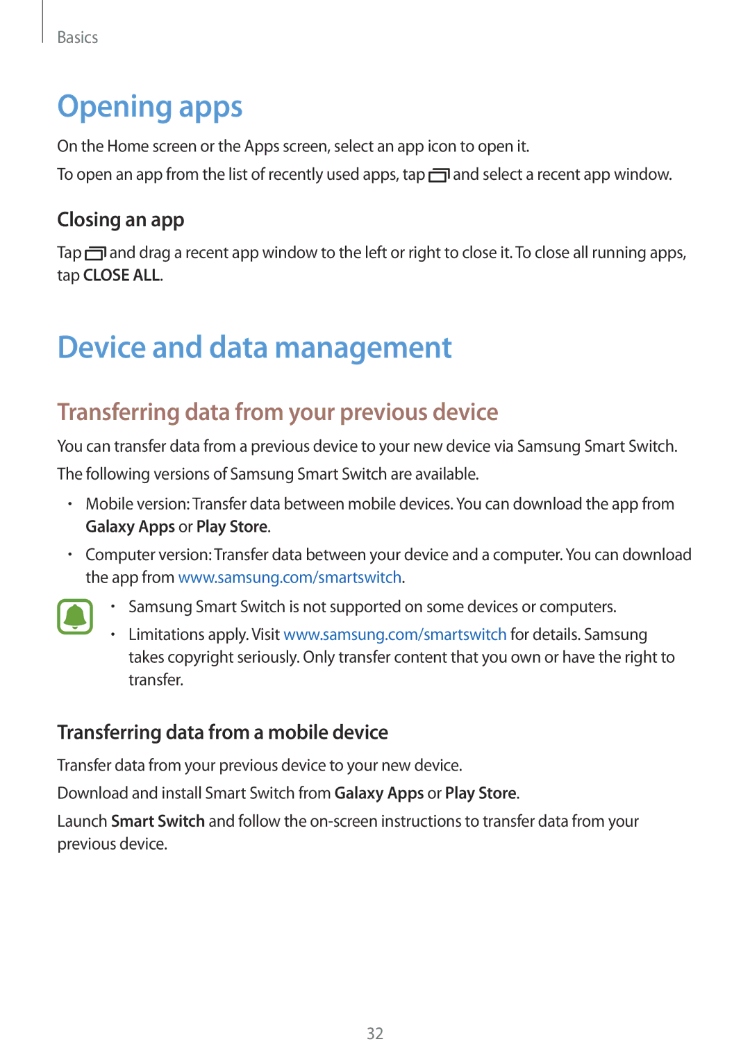 Samsung SM-J105BZWLXXV manual Opening apps, Device and data management, Transferring data from your previous device 