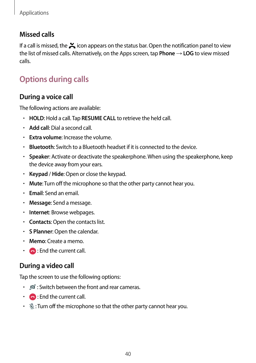 Samsung SM-J105BZDLXXV, SM-J105BZKLXXV manual Options during calls, Missed calls, During a voice call, During a video call 