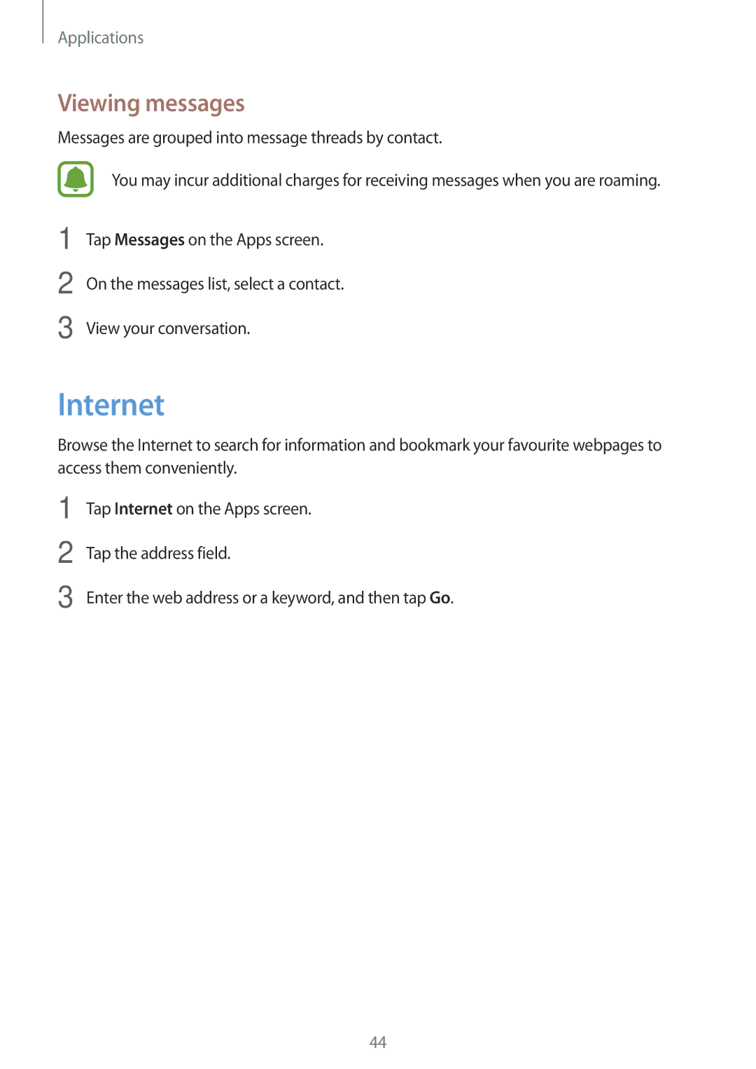 Samsung SM-J105BZWLXXV, SM-J105BZKLXXV, SM-J105BZDLXXV manual Internet, Viewing messages 