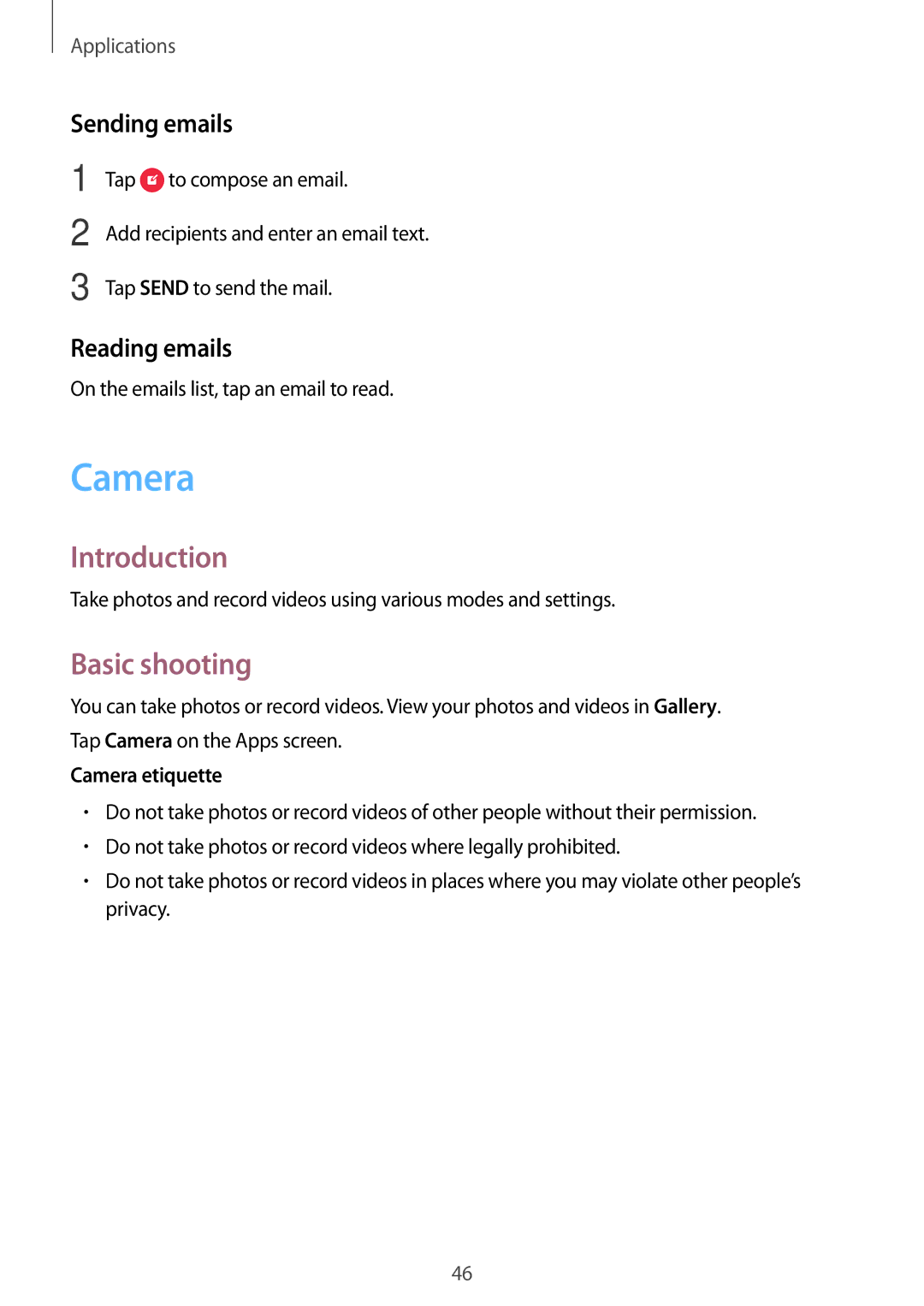 Samsung SM-J105BZDLXXV, SM-J105BZKLXXV, SM-J105BZWLXXV manual Camera, Basic shooting, Sending emails, Reading emails 