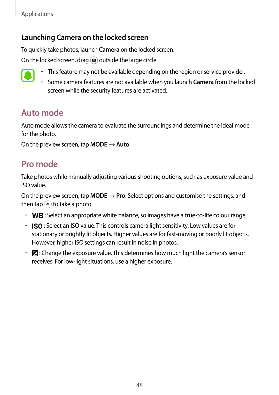 Samsung SM-J105BZKLXXV, SM-J105BZDLXXV, SM-J105BZWLXXV manual Auto mode, Pro mode, Launching Camera on the locked screen 