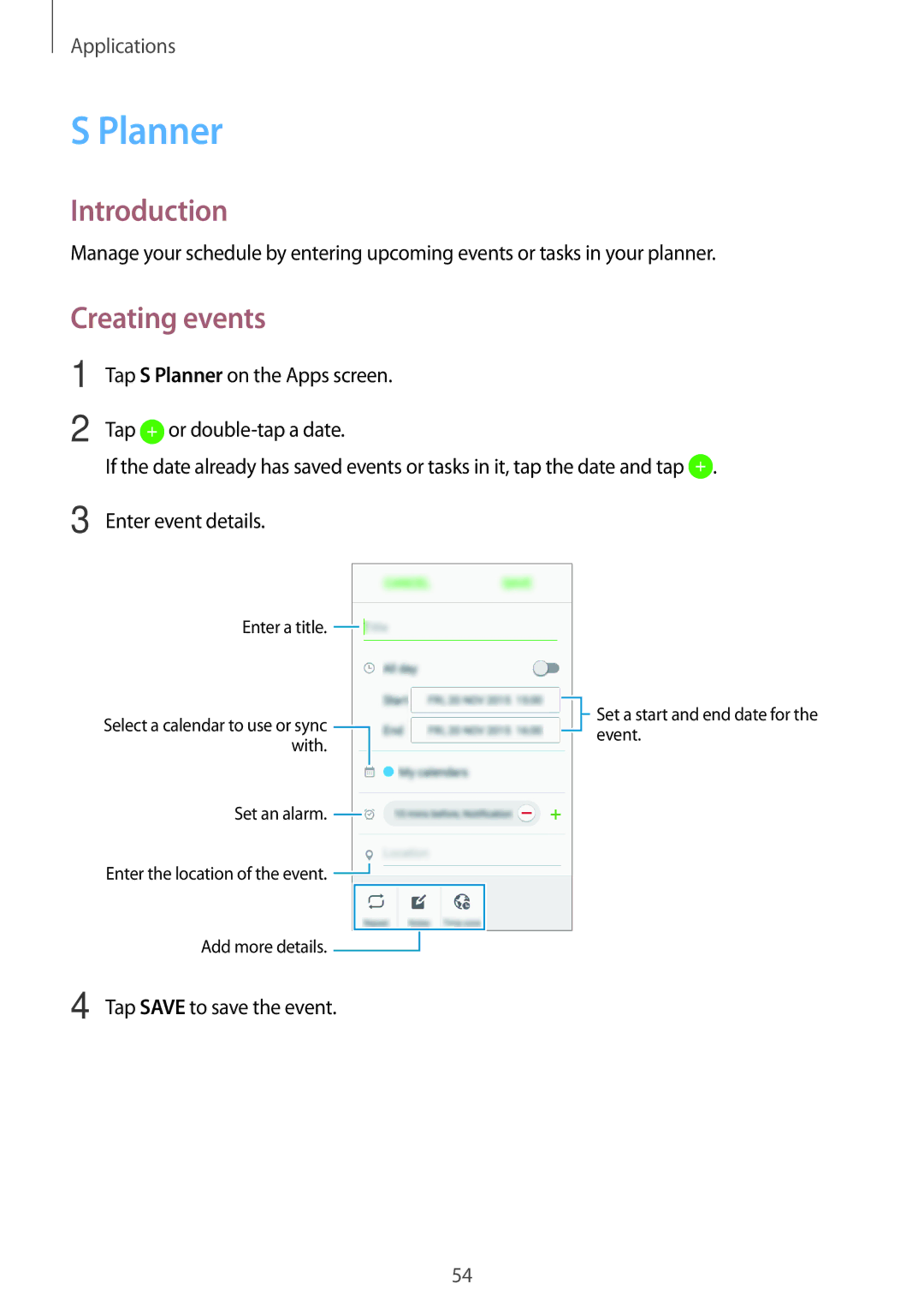 Samsung SM-J105BZKLXXV, SM-J105BZDLXXV, SM-J105BZWLXXV manual Planner, Creating events 