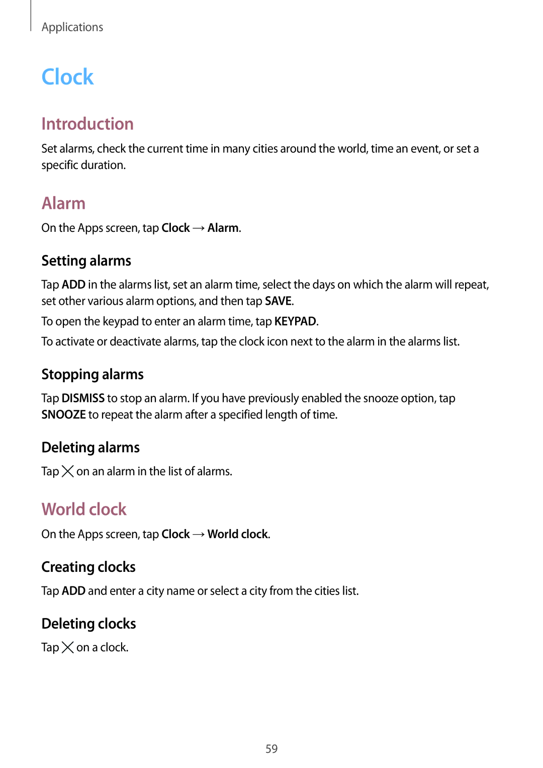 Samsung SM-J105BZWLXXV, SM-J105BZKLXXV, SM-J105BZDLXXV manual Clock, Alarm, World clock 