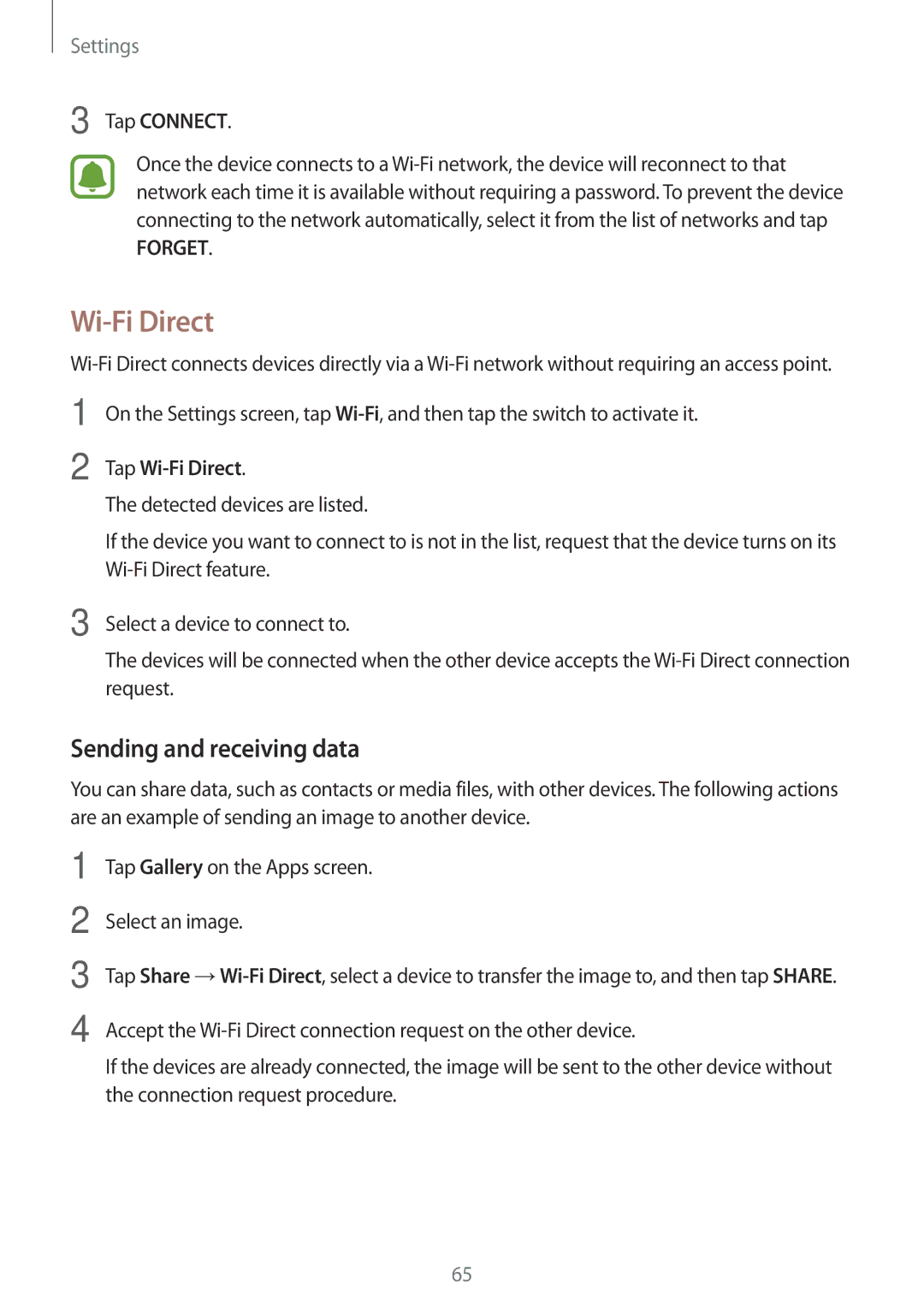 Samsung SM-J105BZWLXXV, SM-J105BZKLXXV, SM-J105BZDLXXV manual Wi-Fi Direct, Sending and receiving data 