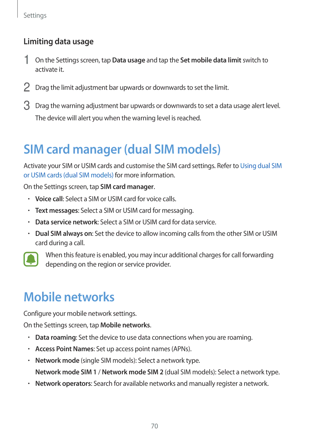 Samsung SM-J105BZDLXXV, SM-J105BZKLXXV manual SIM card manager dual SIM models, Mobile networks, Limiting data usage 