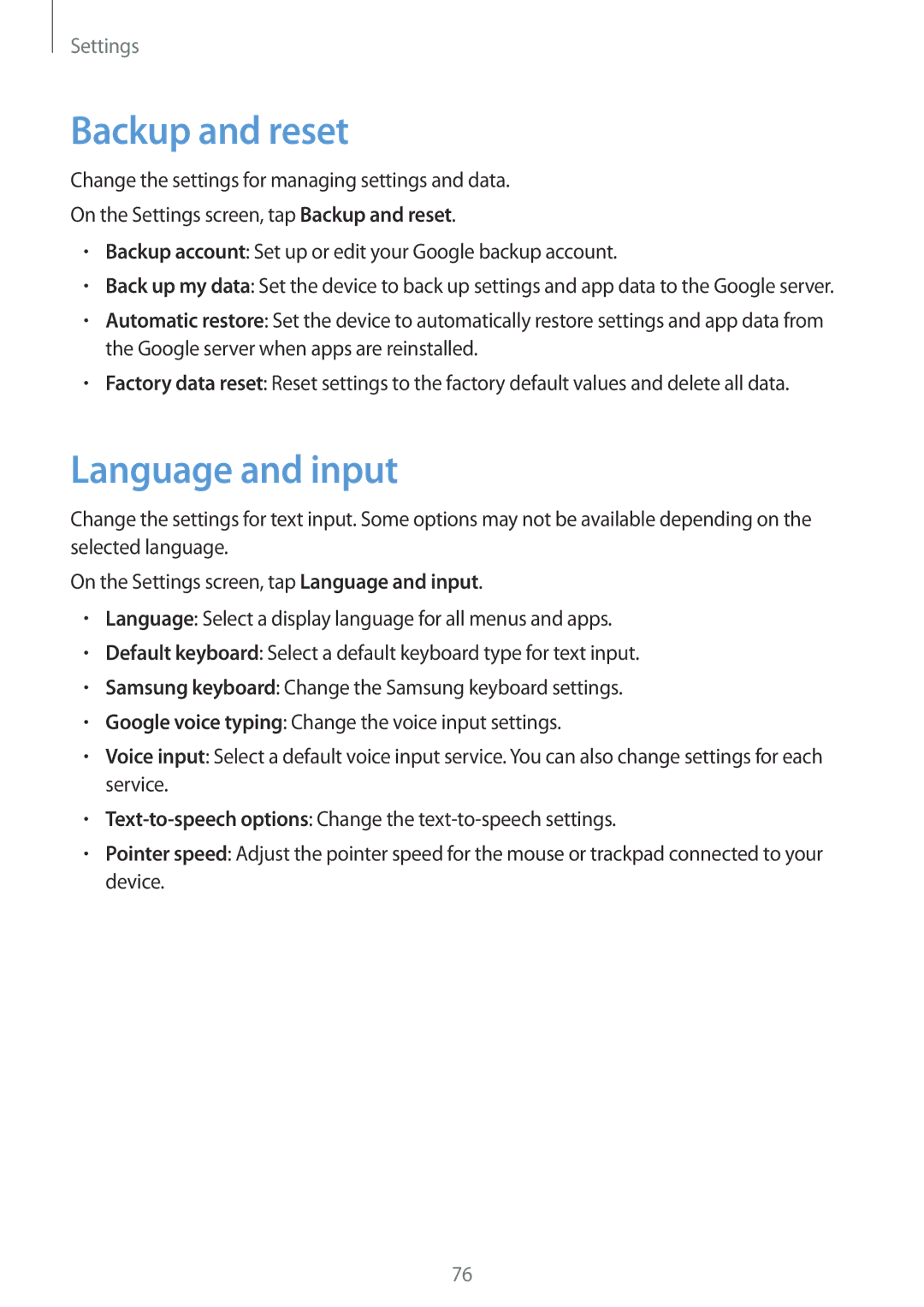 Samsung SM-J105BZDLXXV, SM-J105BZKLXXV, SM-J105BZWLXXV manual Backup and reset, Language and input 