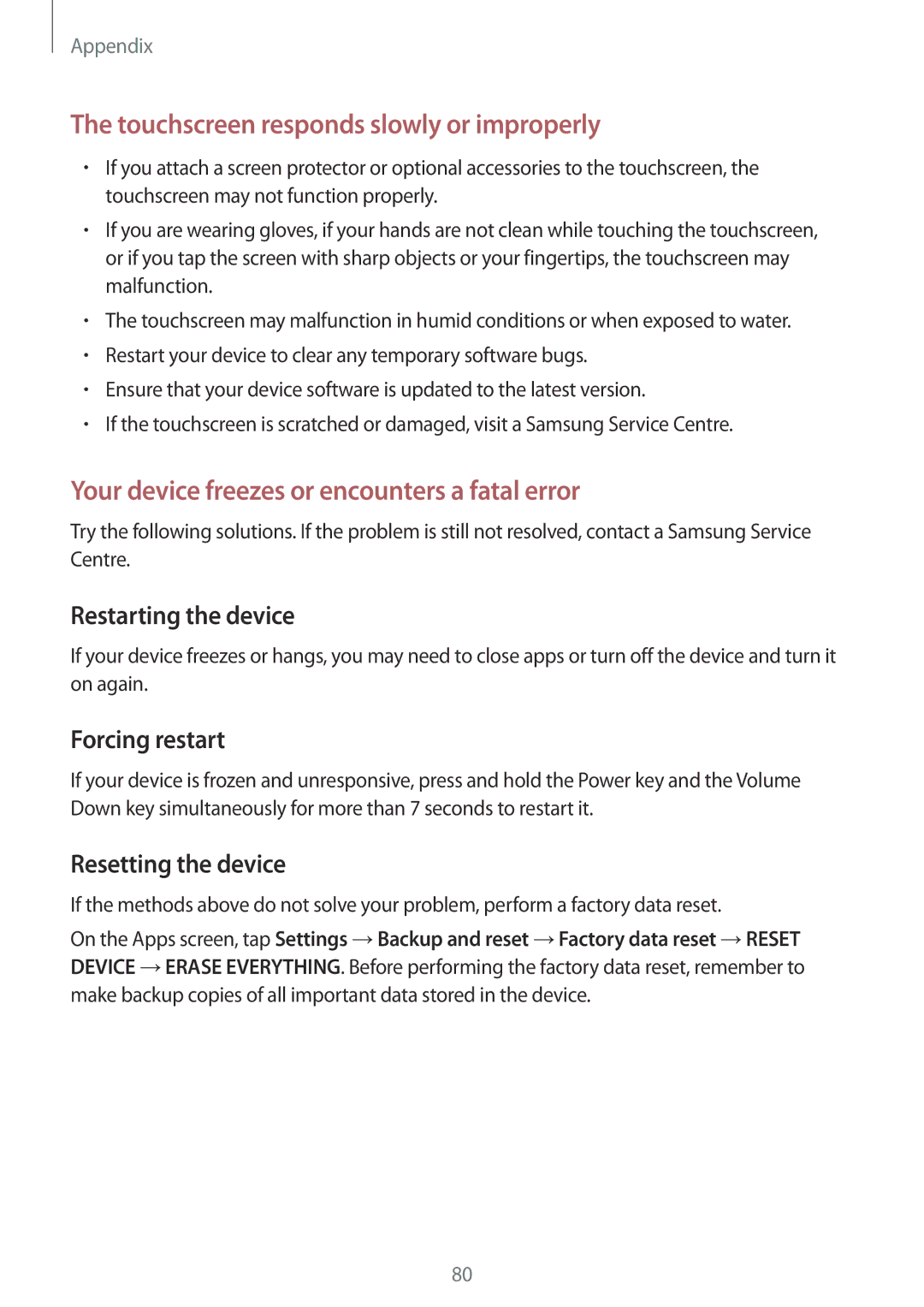 Samsung SM-J105BZWLXXV, SM-J105BZKLXXV, SM-J105BZDLXXV manual Restarting the device, Forcing restart, Resetting the device 