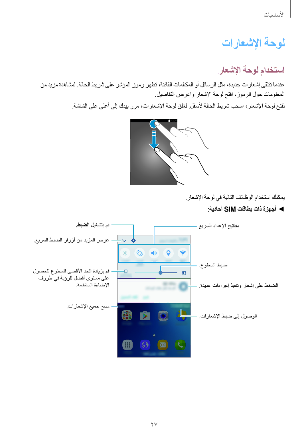 Samsung SM-J106FZDDKSA manual تاراعشلإا ةحول, راعشلإا ةحول مادختسا, ليصافتلا ضرعاو راعشلإا ةحول حتفا ،زومرلا لوح تامولعملا 