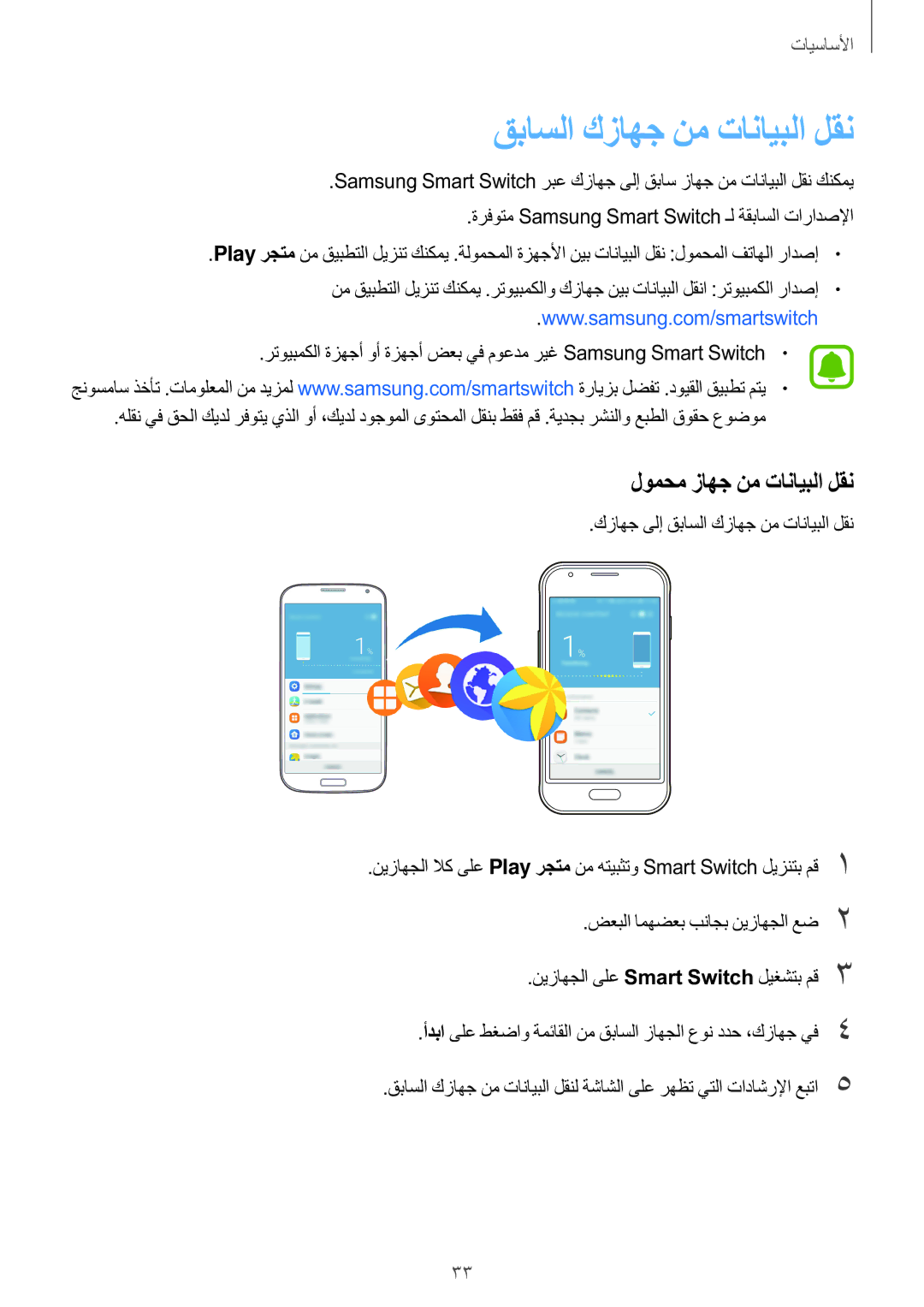 Samsung SM-J106FZDDKSA, SM-J106FZKDKSA manual لومحم زاهج نم تانايبلا لقن, كزاهج ىلإ قباسلا كزاهج نم تانايبلا لقن 