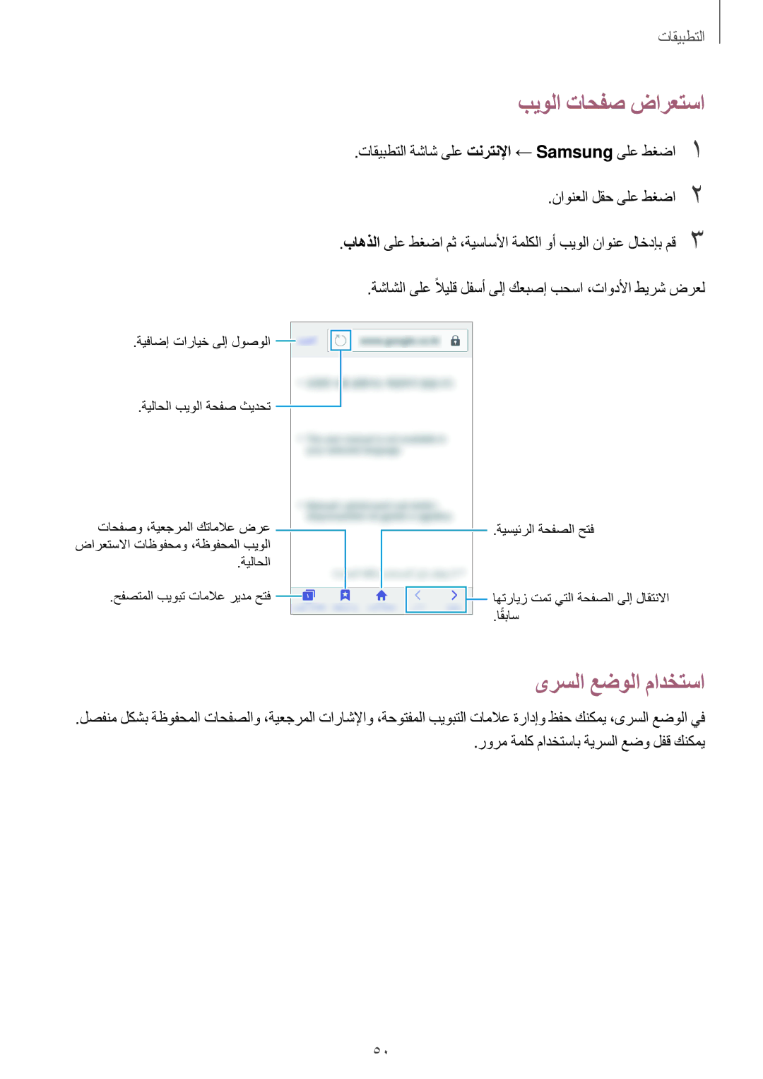 Samsung SM-J106FZWDKSA, SM-J106FZDDKSA, SM-J106FZKDKSA manual بيولا تاحفص ضارعتسا, ىرسلا عضولا مادختسا, ناونعلا لقح ىلع طغضا2 