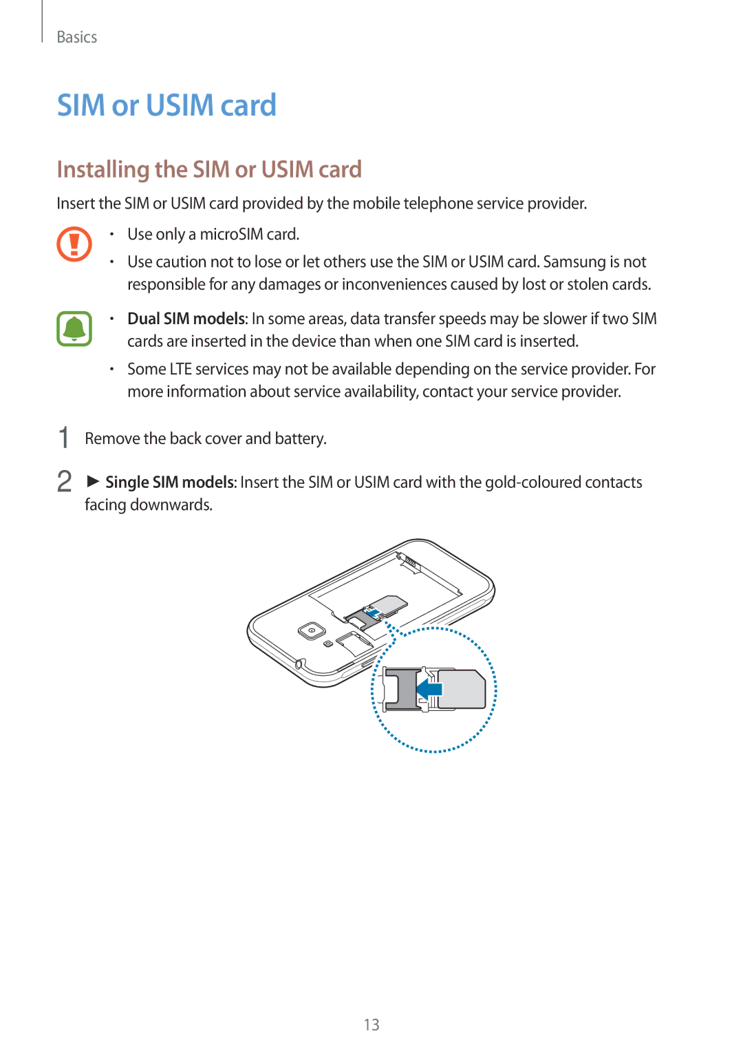 Samsung SM-J106FZKDKSA, SM-J106FZDDKSA, SM-J106FZWDKSA manual Installing the SIM or Usim card 