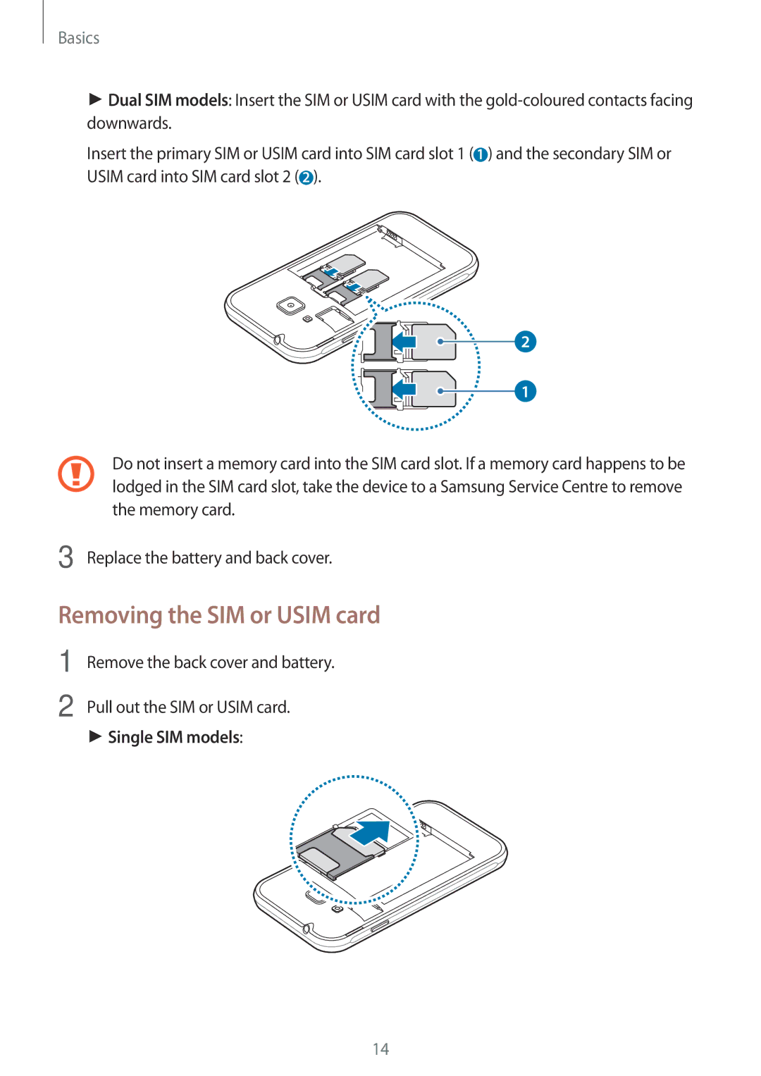 Samsung SM-J106FZWDKSA, SM-J106FZDDKSA, SM-J106FZKDKSA manual Removing the SIM or Usim card 