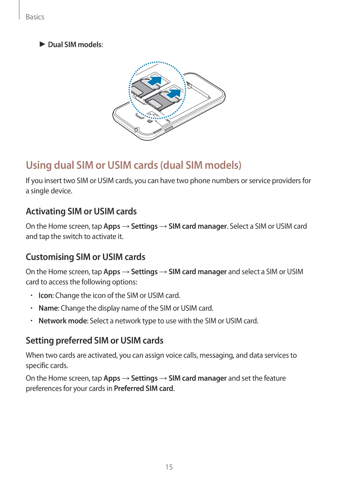 Samsung SM-J106FZDDKSA, SM-J106FZKDKSA manual Using dual SIM or Usim cards dual SIM models, Activating SIM or Usim cards 