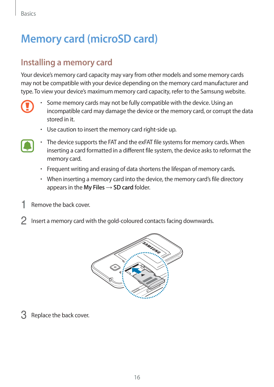 Samsung SM-J106FZKDKSA, SM-J106FZDDKSA, SM-J106FZWDKSA manual Memory card microSD card, Installing a memory card 