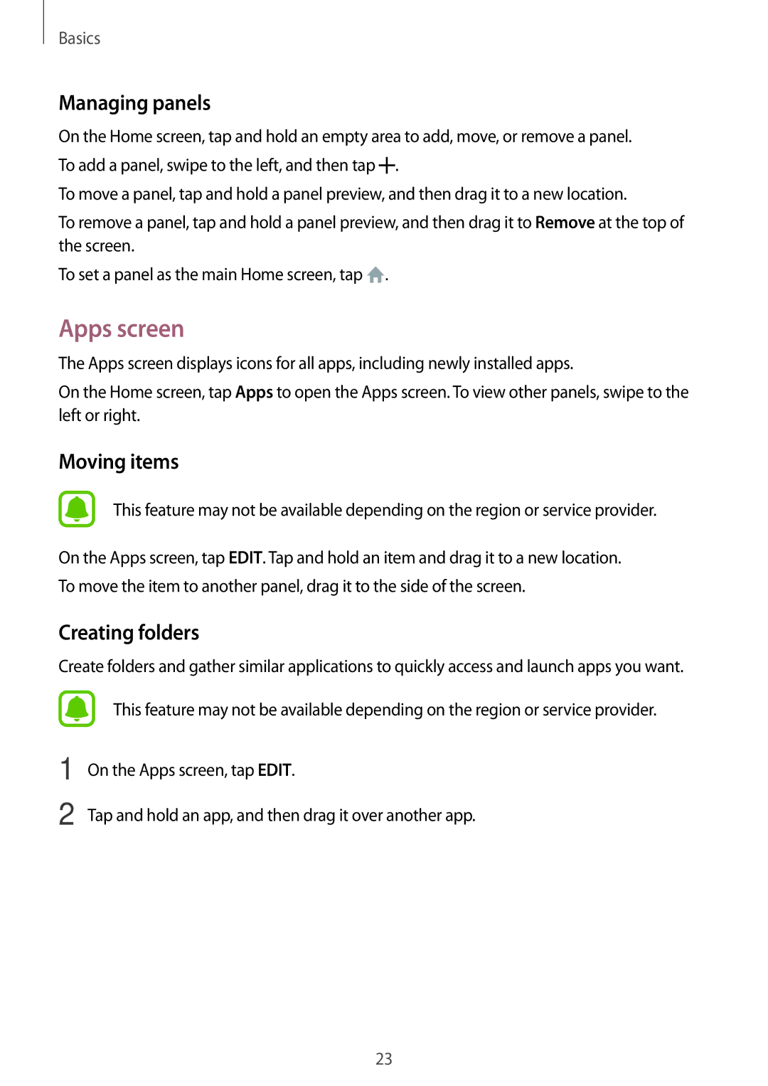 Samsung SM-J106FZWDKSA, SM-J106FZDDKSA, SM-J106FZKDKSA manual Apps screen, Managing panels 