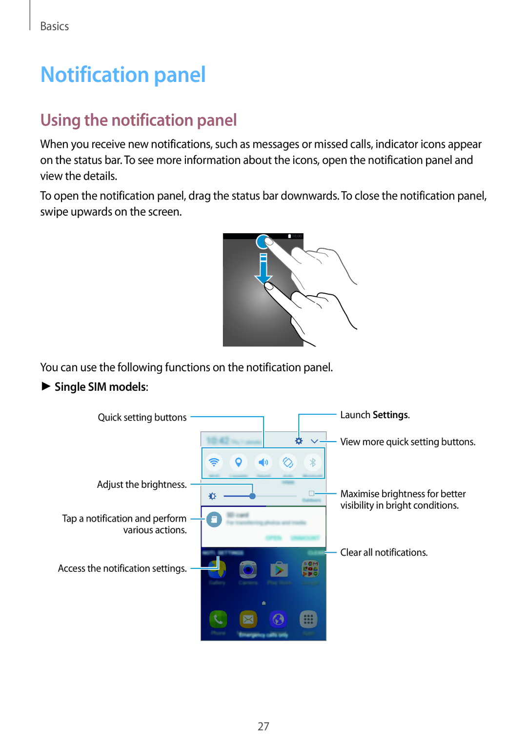 Samsung SM-J106FZDDKSA, SM-J106FZKDKSA, SM-J106FZWDKSA manual Notification panel, Using the notification panel 