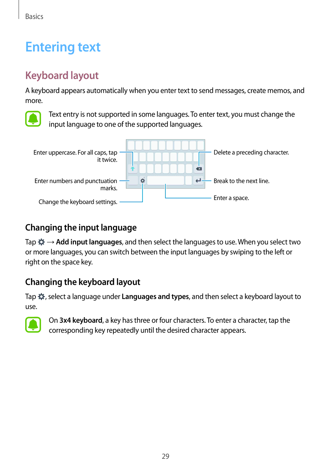 Samsung SM-J106FZWDKSA manual Entering text, Keyboard layout, Changing the input language, Changing the keyboard layout 