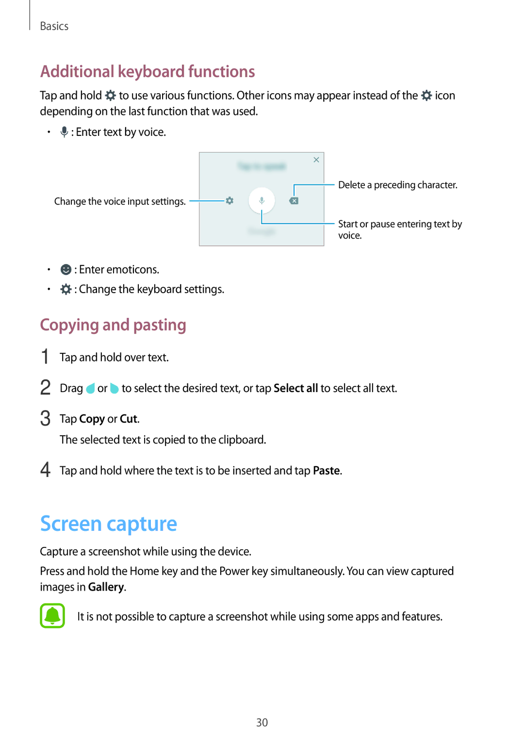 Samsung SM-J106FZDDKSA, SM-J106FZKDKSA, SM-J106FZWDKSA Screen capture, Additional keyboard functions, Copying and pasting 