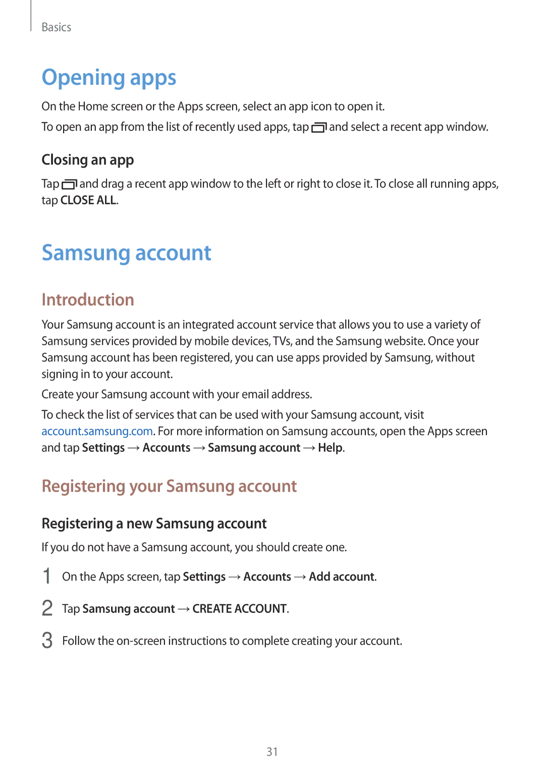 Samsung SM-J106FZKDKSA, SM-J106FZDDKSA, SM-J106FZWDKSA Opening apps, Introduction, Registering your Samsung account 