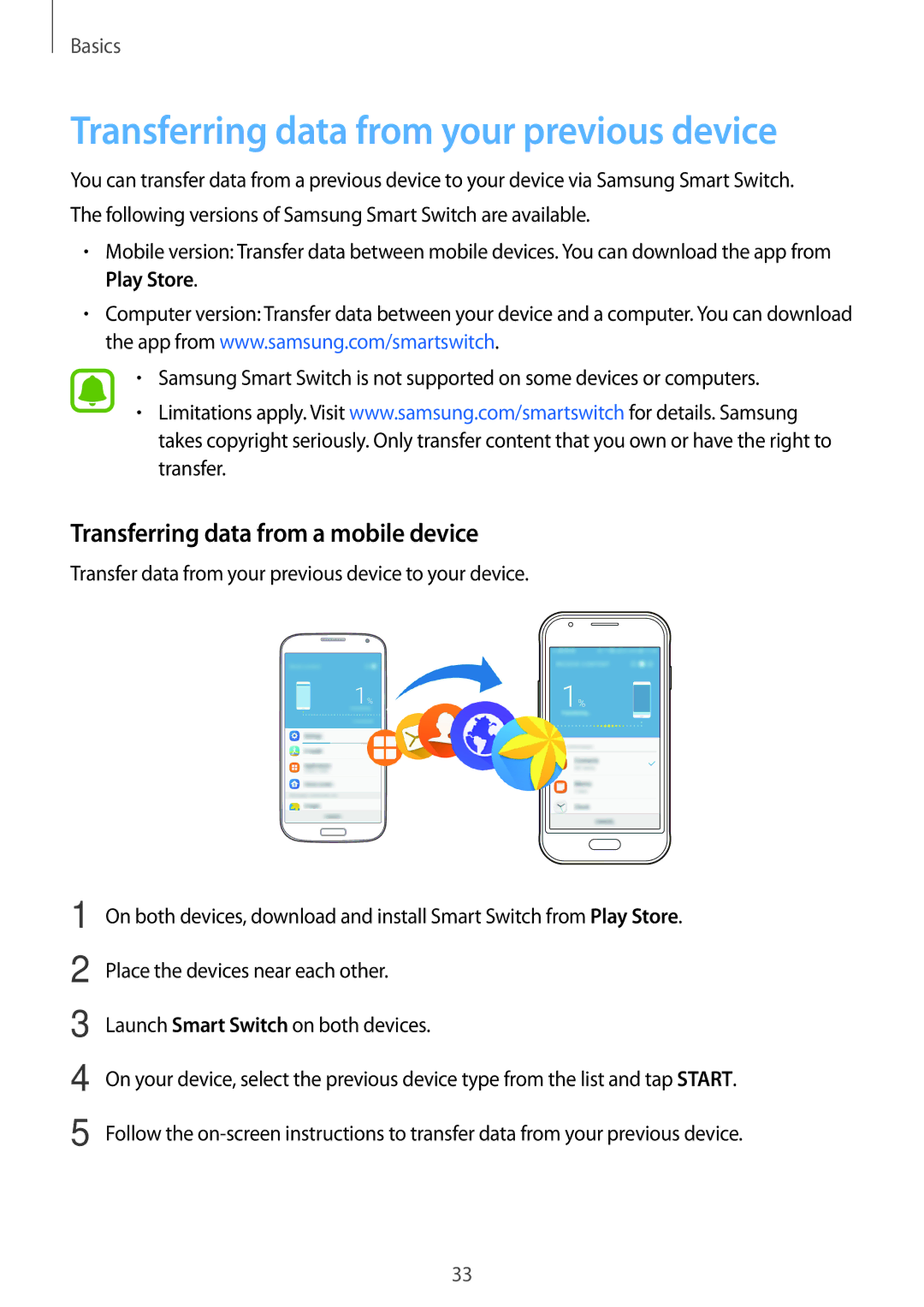 Samsung SM-J106FZDDKSA, SM-J106FZKDKSA Transferring data from your previous device, Transferring data from a mobile device 