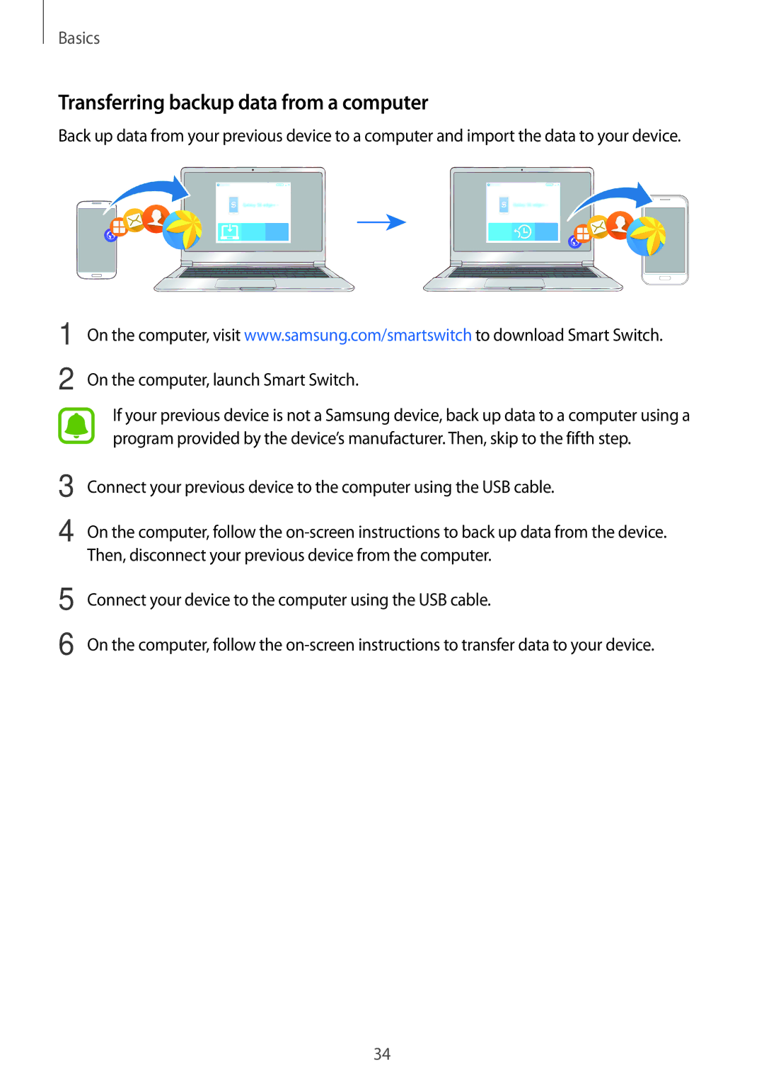 Samsung SM-J106FZKDKSA, SM-J106FZDDKSA manual Transferring backup data from a computer, On the computer, launch Smart Switch 