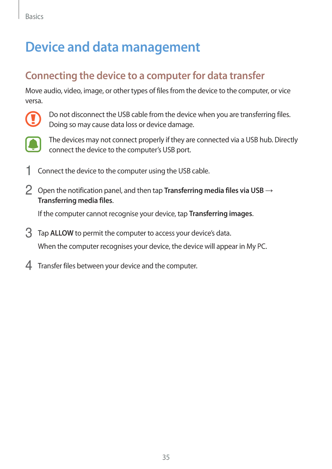 Samsung SM-J106FZWDKSA, SM-J106FZDDKSA Device and data management, Connecting the device to a computer for data transfer 