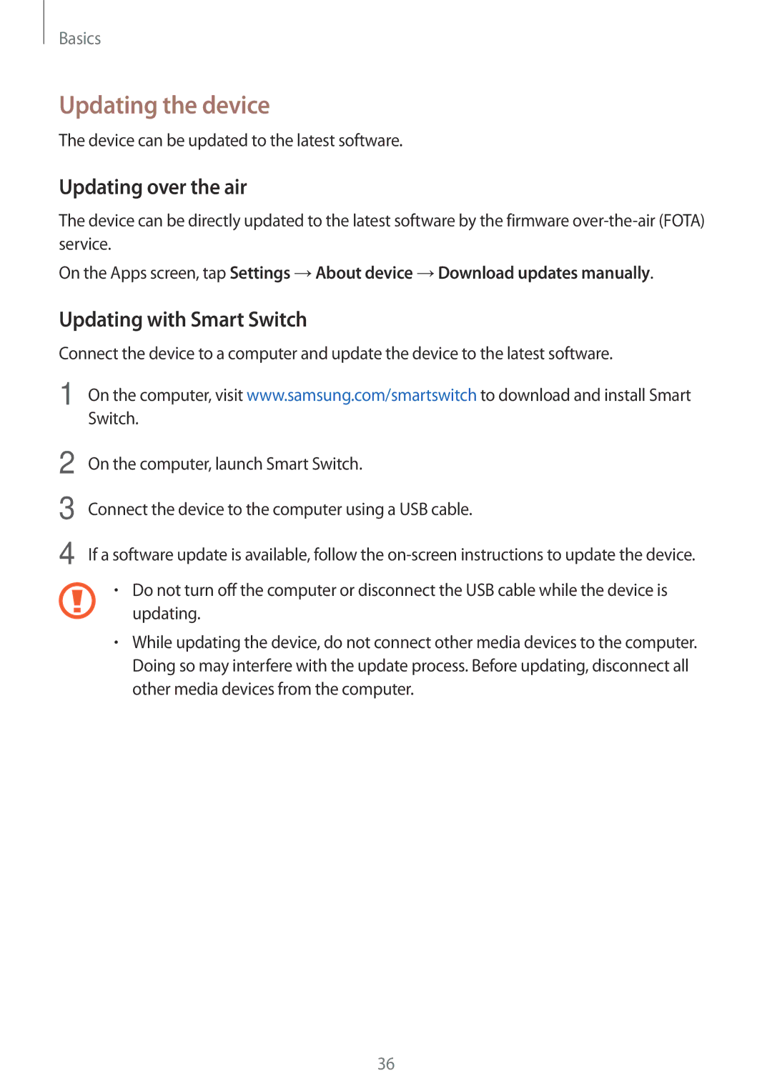 Samsung SM-J106FZDDKSA, SM-J106FZKDKSA manual Updating the device, Updating over the air, Updating with Smart Switch 