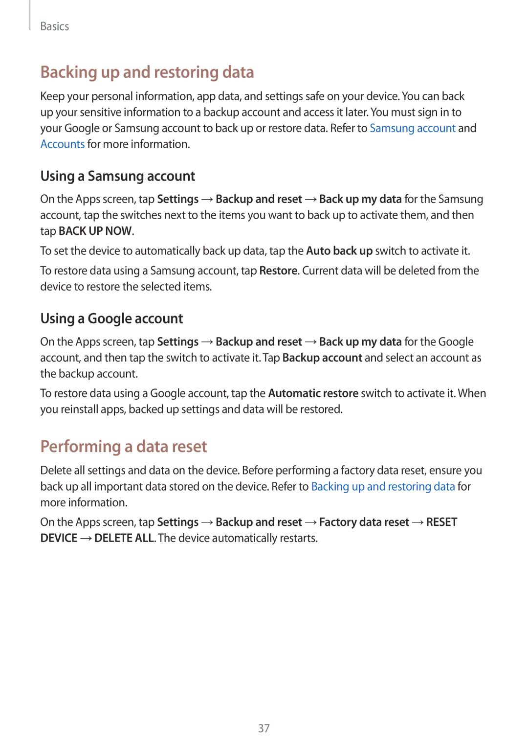 Samsung SM-J106FZKDKSA, SM-J106FZDDKSA Backing up and restoring data, Performing a data reset, Using a Samsung account 