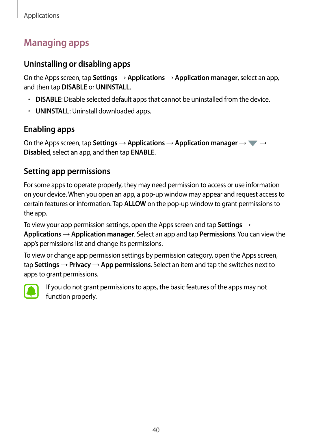 Samsung SM-J106FZKDKSA manual Managing apps, Uninstalling or disabling apps, Enabling apps, Setting app permissions 