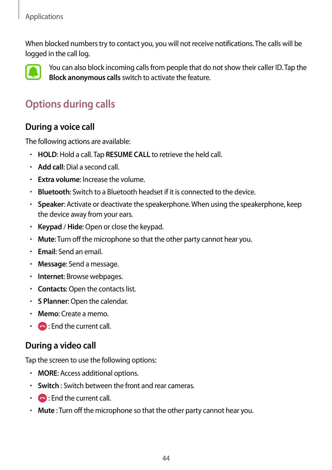 Samsung SM-J106FZWDKSA, SM-J106FZDDKSA, SM-J106FZKDKSA manual Options during calls, During a voice call, During a video call 