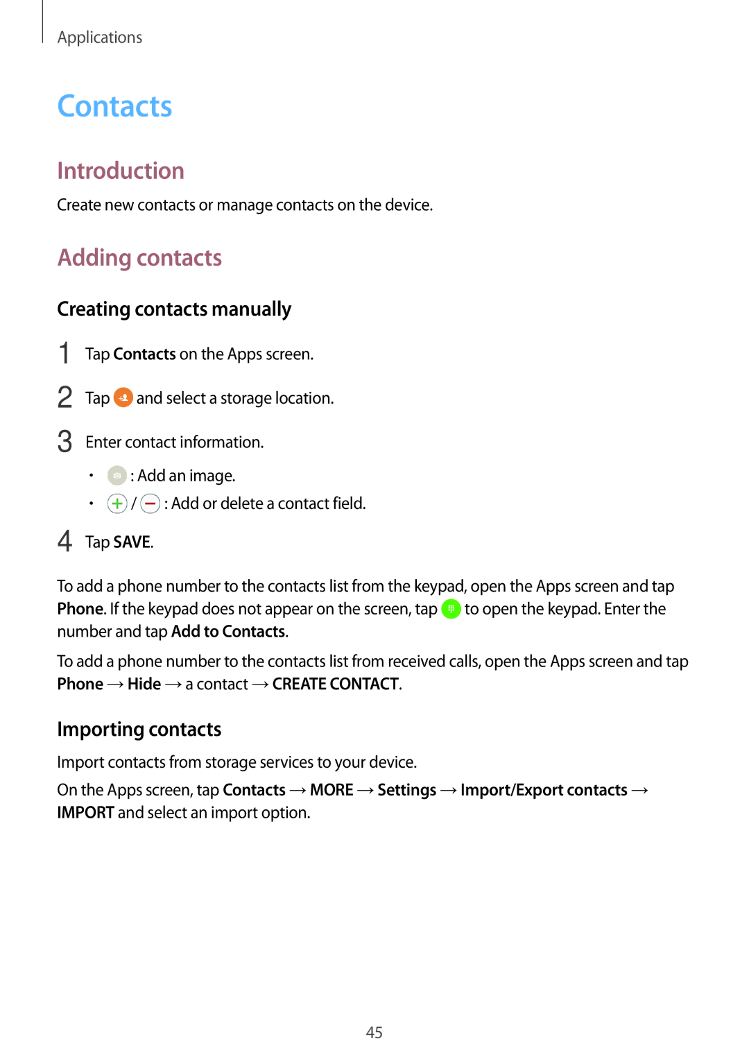 Samsung SM-J106FZDDKSA, SM-J106FZKDKSA Contacts, Adding contacts, Creating contacts manually, Importing contacts 