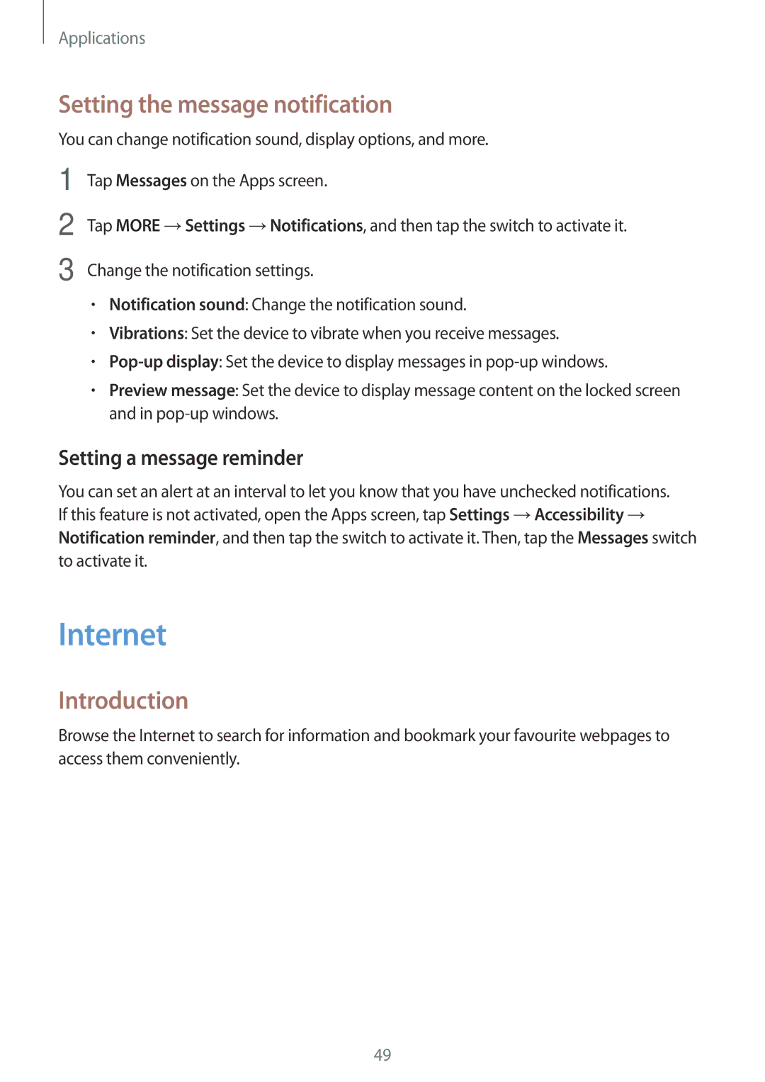 Samsung SM-J106FZKDKSA, SM-J106FZDDKSA manual Internet, Setting the message notification, Setting a message reminder 