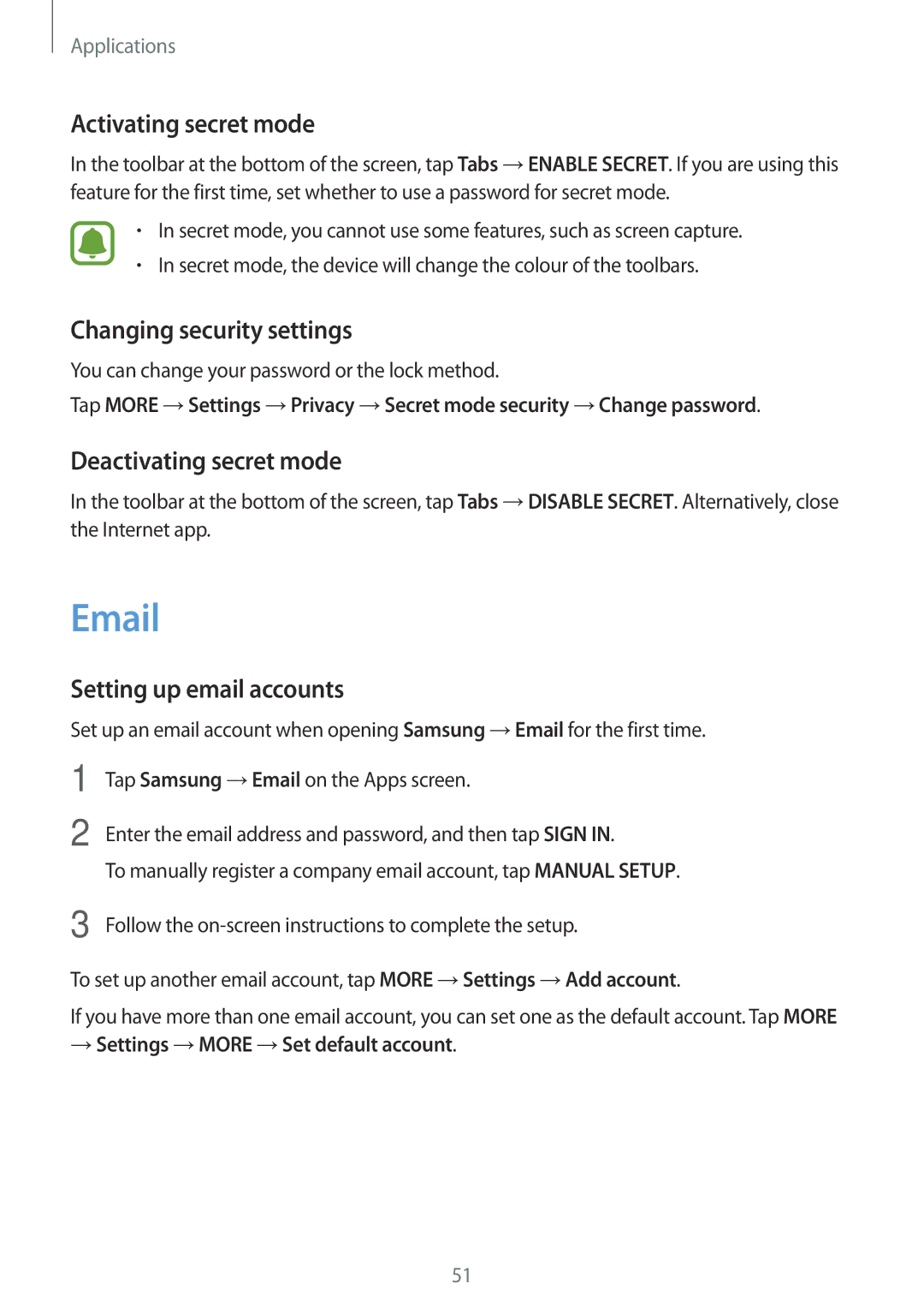 Samsung SM-J106FZDDKSA, SM-J106FZKDKSA manual Activating secret mode, Changing security settings, Deactivating secret mode 